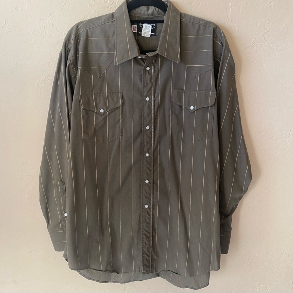 Vintage Pearlsnap Western Shirt Flying R Ranchwear Made in USA Brown Stripe 17.5